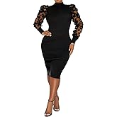Fastkoala Women's Sexy Ribbed Bodycon Dress Lace Long Sleeve Slim Fit Midi Dress Turtle Neck Night Club Party Dresses