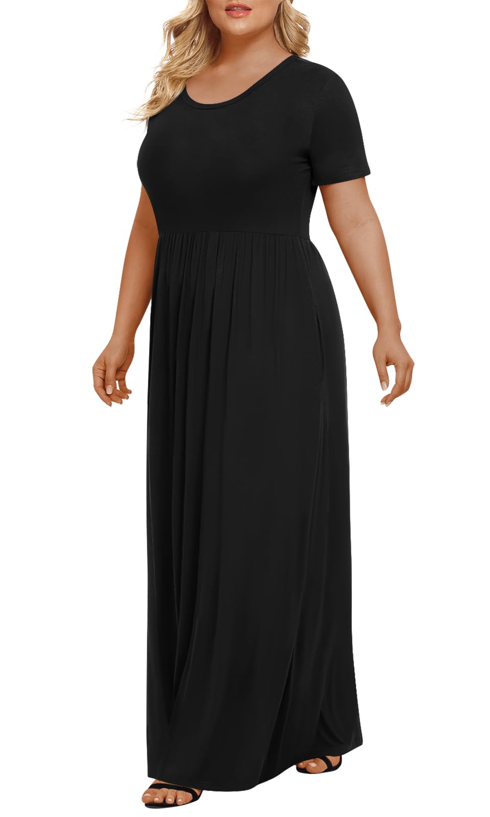 LONGYUAN Women Summer Short Sleeve Dress Casual Plus Size Maxi Long Dresses with Pockets Black, 6XL - Image 2