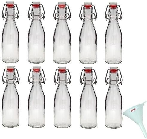Viva Haushaltswaren 10 Glass Bottles 200 ml with Swing Stopper Closure for Self-Filling Incl. a Filling Funnel Diameter 7 cm