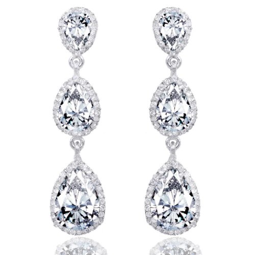 EVER FAITH Bridal Silver-Tone 3 CZ Teardrop Dangle Earrings Clear Austrian Crystals