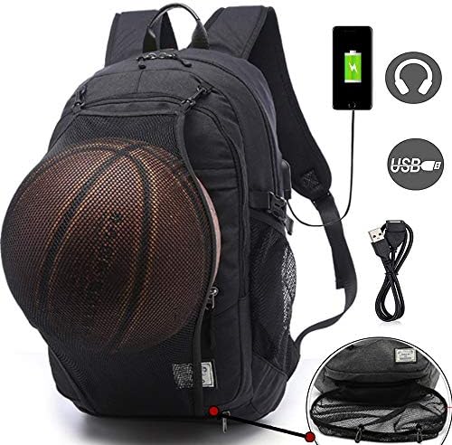 Basketball Backpacks Sports Bags for Football, Soccer with Ball Compartment Laptop Computer Backpack with USB Charging and Headphone Port Fit 15.6 Inch Notebook for Boys Men