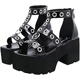 Agodor Women's Goth Black Platform Sandals Ankle Strap Chunky High Heels Open Toe Slingback Roman Gladiator Shoes