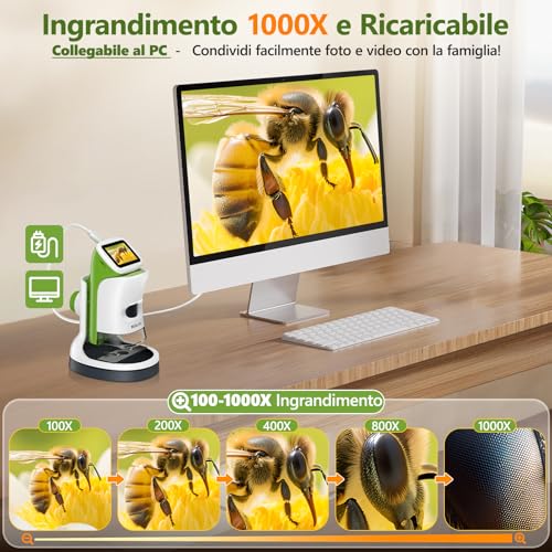 Children's Microscope 6-12 Years Digital Portable with Stand and 4K 2 Inch Screen, 1000 x Scientific Kit Christmas and Birthday Gift for Boys and Girls