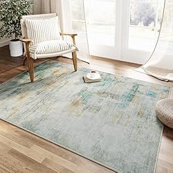 WondRg 4x6 Washable Area Rug Teal Beige Abstract