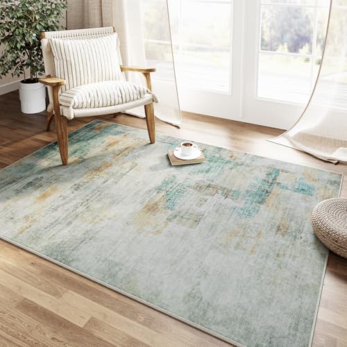 WondRg 4x6 Washable Area Rug Teal Beige Abstract