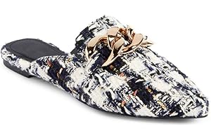 Juliet Holy Womens Mules Flats Pointed Toe Backless Loafers Slip on Metal Chain Slides