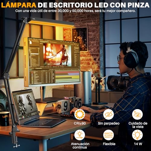 Salandens Lampara de Escritorio, Lampara de Mesa Con Brazo Flexible de 360°, Lampara Led Con 3 Luces Regulables, Blanca, Cálida y Blanca Cálida