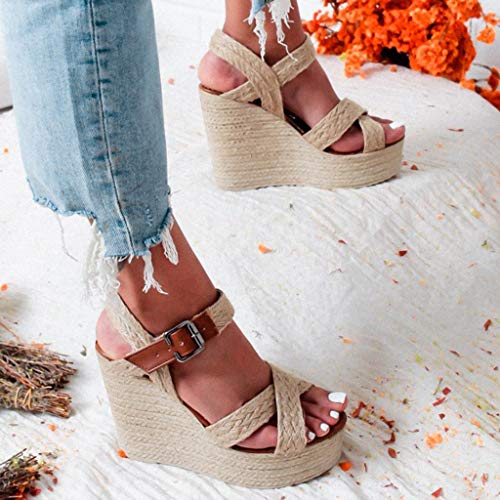 Womens Wedges Platform Espadrilles Sandals Vintage Bohemian Ankle Strap Buckle Roman Shoes Open Toe Weaved High Heels Brown