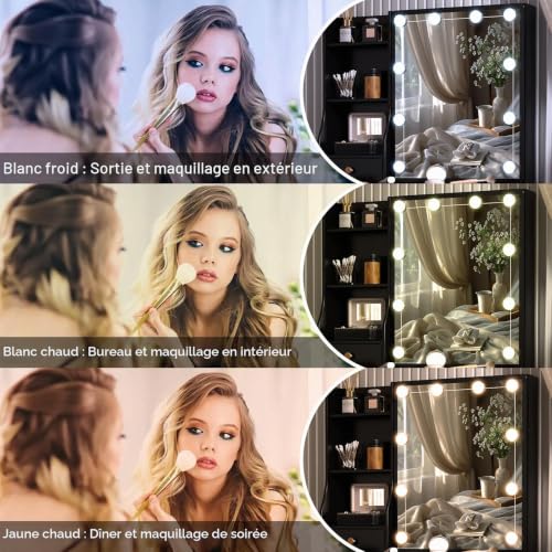 Saimeihome Dressing Table with LED Mirror, Modern Black Makeup Table with Stool, 6 Drawers and 6 Storage Shelves, 3 Lighting Modes, Bathroom Desk for Bedroom (80 x 36 x 130 cm)