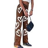 Heart Print Jeans for Women Fashion Wide Leg High Waist Denim Pants Boyfriend Jeans Loose Fit Vintage Jeans for Teen Girls