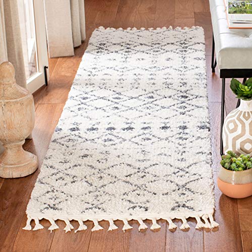 SAFAVIEH Berber Fringe Shag Collection Runner Rug - 2'2" x 14', Cream & Dark Gr…