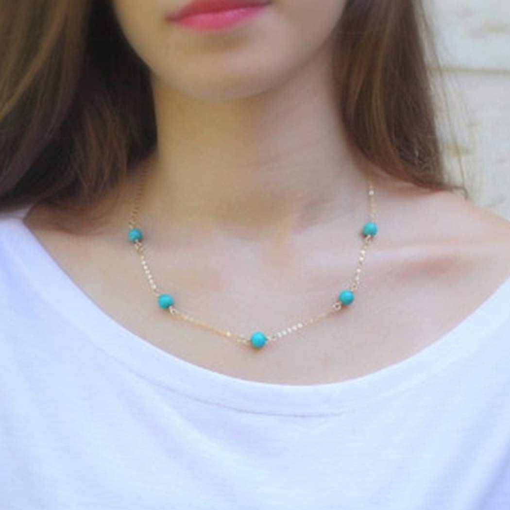 Yienate Boho Green Turquoise Necklace Chain Round Turquoise Beads Necklace for Women and Girls (Gold)