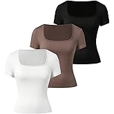 SOLY HUX Women's 3 Piece Square Neck T Shirts Summer Short Sleeve Fitted Dressy Casual Tops