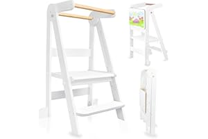 UUOEEBB Foldable Toddler Kitchen Tower Step Stool, Standing Tower with Whiteboard, Toddler Kitchen Stool Helper with 3 Adjustable Height, Step Stool for Kids 1-6 Years, White