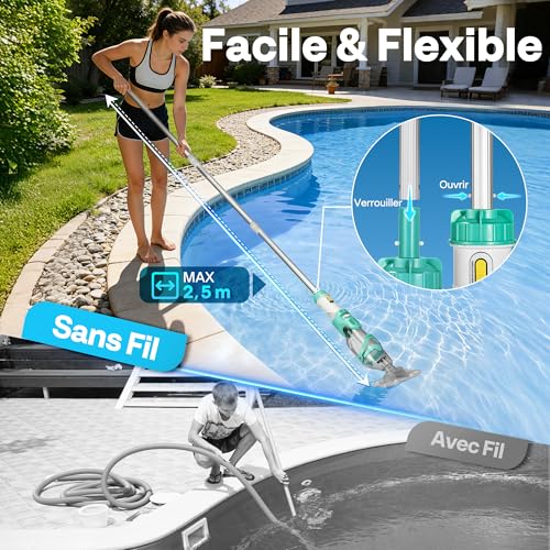 VIVOHOME 72LPM Cordless Pool Vacuum with Battery, Portable Pool Cleaner with 4 Filter Bags 2.6L, Telescopic Pole, 250cm Suction for Above Ground and Buried Pool, Spa