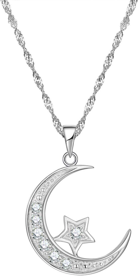 Gemschest 925 Sterling Silver Cubic Zirconia Crescent Moon Star Pendant Necklace Fine Jewellery for Women with 18" Chain