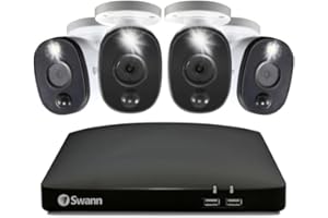 Swann Home/Business Wired DVR, 1080p Full HD Security Camera System, 8 Channels, 4 Cameras Indoor/Outdoor, 1TB HDD Storage, Color Night Vision, Sensor Spotlights, 24/7 Recording