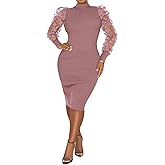 Fastkoala Women's Sexy Ribbed Bodycon Dress Lace Long Sleeve Slim Fit Midi Dress Turtle Neck Night Club Party Dresses