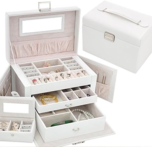 G&Z High Quality Luxurious Jewelery Box Jewelery Storage Made Of Leather And Wood, With 3 Drawers, Side Pockets, Independent Box, Snap Lock And Built-In Mirror, Many Colors , white