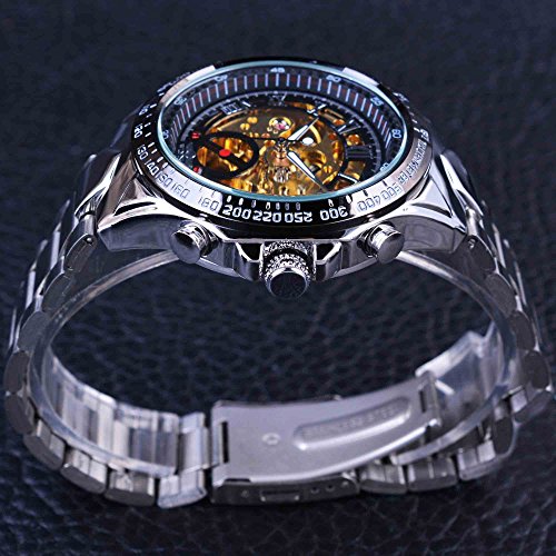 Winner Golden Movement Skeleton Stainless Steel Men Automatic Sport Wrist Watch - Thumbnail 4