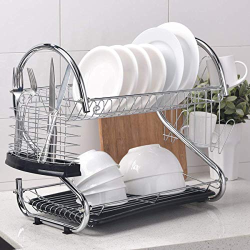ENGELCH Rust-Proof Chrome Finished 2-Tier Kitchen Dish Drying Rack, Dish Rack With Black Drain Board, 1 Wide Tableware Rack and Knife Holder Accessory, 6 Independent Cup Holder Accessories