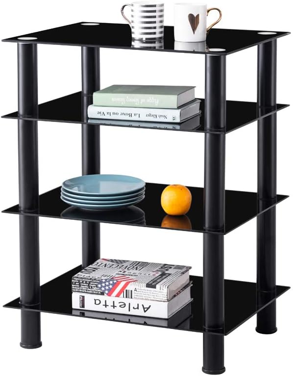 Media Stand,Audio/Video/AV Component Rack Tower Cabinet,Game Console Shelving Record Player Shelves Table with Glass Storage Shelf for Entertainment Center TV/XBOX/PS4/Stereo Home Theater (4 Tier)