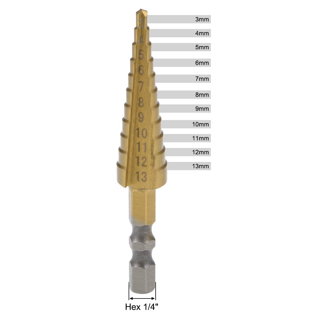 sourcing map Step Drill Bit HSS 3mm to 13mm 11 Sizes Titanium Coated Straight Flutes Hex Shank for Metal Wood Plastic - Image 3