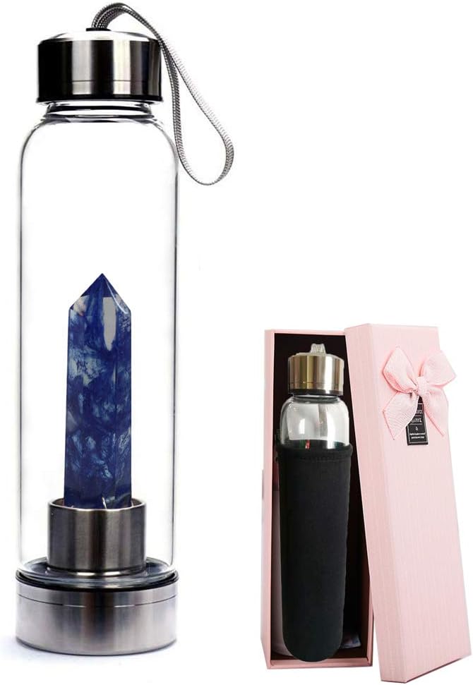 Aliyao Natural Crystal Water Bottle Healing Crystal Quartz BPA-Free Glass Water Bottle Leak Proof Gemstone Cup 550ml