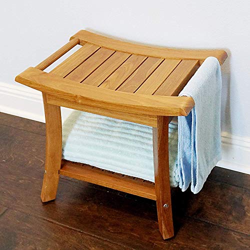 WELLAND 19.5" Deluxe Teak Wood Shower Bench, 2Tier Storage Shelf Bath