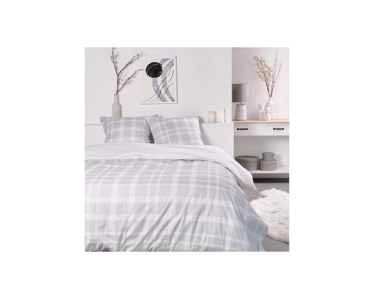 TODAY Sunshine Double Bed Cotton Duvet Cover with Large Check Design - Grey and White - 220 x 240 cm
