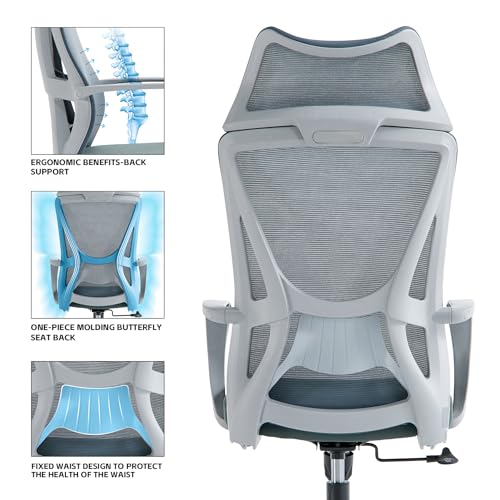 VOFFOV Office Chair with Headrest, Desk Chair Ergonomic Chair with Lumbar Support Armrest, Swivel Mesh Gaming for Home Office Study (Grey Headrest)