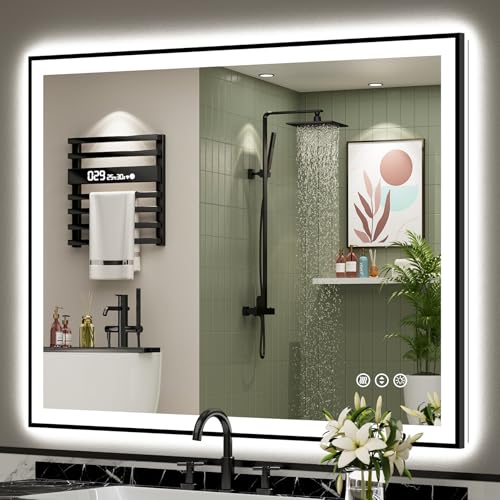 AWANDEE 48x40 LED Bathroom Mirror Black Framed
