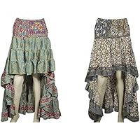 Mogul Interior 2pc Women Hi Low Skirt Printed Recycled Sari Tiered Ruffled Gypsy Chic Skirts S/M