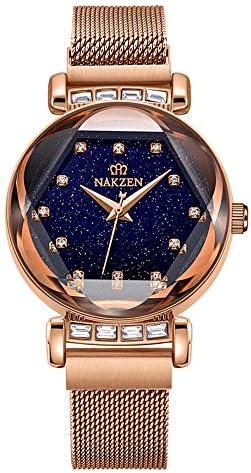 NAKZEN Fashion Ladies Quartz Waterproof Analog Wrist Watch with Elegant Starry Sky Dial and Diamond Simple Dress Watches (Mesh Band/Leather Strap)
