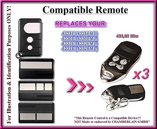 3 X Chamberlain 4330E, 4332E, 4333E, 4335E Compatible remote control transmitter 433,92Mhz. 3 Top quality replacement remotes for THE BEST PRICE!!!