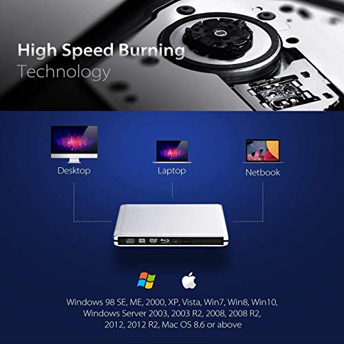 External Blu ray DVD CD Drive Burner,USB 3.0 Portable 3D 4K Blu-Ray DVD Player Writer Reader Disk for Laptop Notebook PC Desktops Support Windows/Vista/7/8/10, Mac OSX and Linux OS