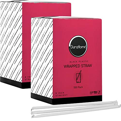 DuraHome Black Plastic Straws Individually Wrapped 1000 Pack 8 inch