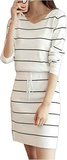 Amazon エンジェルムーン ニットワンピース レディース 秋冬 長袖 ひざ上 ミニ丈 ボーダー ラウンドネック ワンピース チュニック 通販