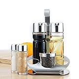 Olive Oil and Vinegar Bottle Set of 5- Glass Cruet Set Includes Small Salt/Pepper Shakers with Stainless Steel Rack , Olive Oil Dispenser Carafe Decanter for Restaurants,Kitchen