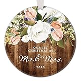 Rustic Newlyweds Christmas Ornament, 2018 First Christmas as Mr & Mrs Gift for Couple Wedding Day Beautiful Modern Farmhouse Floral Present 3