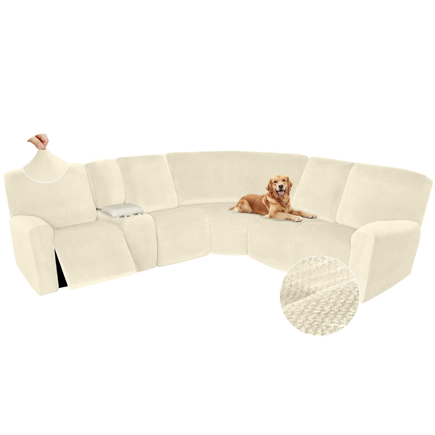 Photo 1 of Arfntevss Sectional Recliner Couch Covers Velvet Washable Corner Sectional Sofa Cover for Reclining Stretch Soft Thick L Shape Recliner Slipcover Set (5 Seat with 1 Console Cover, Beige)