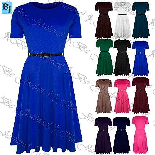 Be Jealous Women's Ladies Plain Belted Cap Sleeve Flared Swing Midi Skater Dress Be Jealous Women's Ladies Plain Belted Cap Sleeve Flared Swing Midi Skater Dress