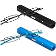 Small Reading Glasses Men Women 2 Pairs Slim Pocket Readers with Pen Clip Metal Case Spring Hinge (Black+Blue,1.5)