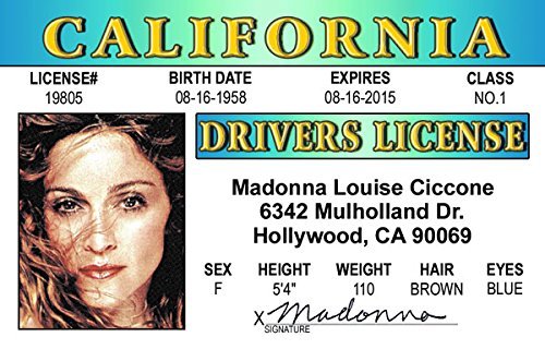 Madonna aka Madonna Louise Ciccone Novelty Drivers License / Fake I.d. Identification for Evita / LIKE A VIRGIN fans