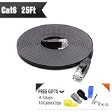 Cat 6 Ethernet Cable 25 ft (at a Cat5e Price but Higher Bandwidth) Cat6 Internet Network Cable - Flat Ethernet Patch Cable Short - Black Computer LAN Cable - Enjoy High Speed Surfing