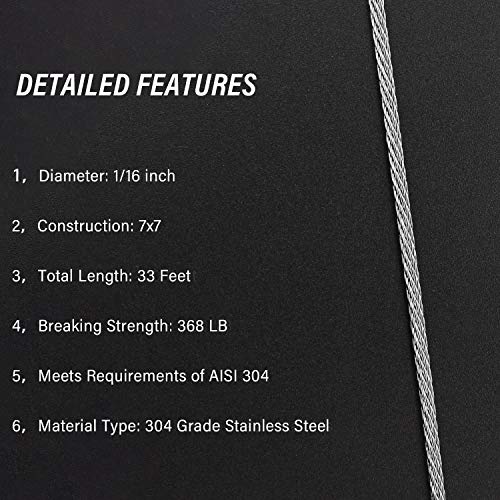 Favordrory Cable Railing Kits Includes 1/16 Inch x 33 Feet 304 Stainless Steel Wire Rope Cable, 50 Pieces Aluminum Crimping Sleeves and 12 Pieces Thimble for Railing, Decking, Picture Hanging