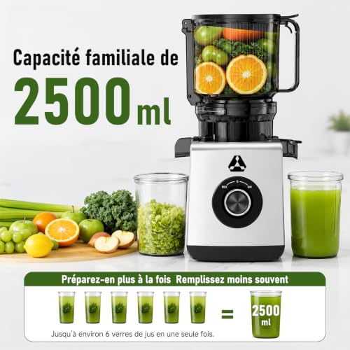 AAOBOSI Extracteur de Jus à Froid 2,5L, Goulotte Extra-Large de 165 mm | pour Fruits et Légumes Entiers, Filtre 3-en-1 (Jus, Sorbets et Boissons Végétales), Rendement Élevé en Jus, Facile à Nettoyer