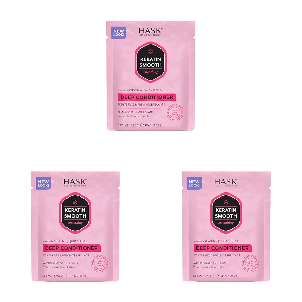HASK Keratin Smoothing Deep Conditioner Treatment for all hair types, colour safe, gluten-free, sulfate-free, paraben-free - 1 50mL Packette (Pack of 3)