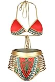 Sundray Ladies Stylish High Waist Tribal Printed Custom Fit 2PCS Bikini Sets Red M