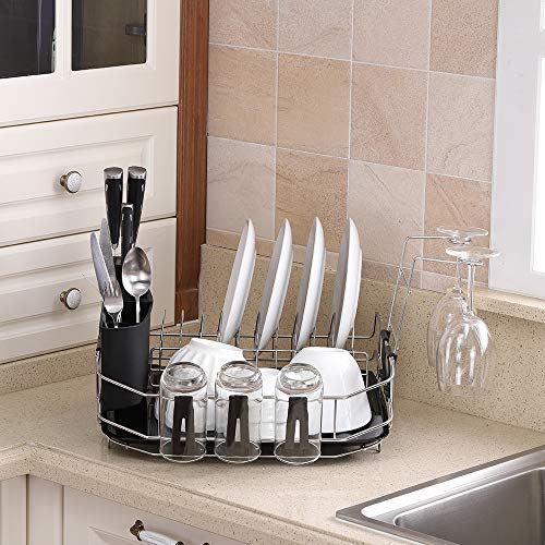 VESLA HOME Sink Countertop Kitchen Dish Drying Rack in Sink Dish Drainer with Drain Board and Cutlery Cup, Stainless Steel Silver Wire/Black Plastic - Thumbnail 2